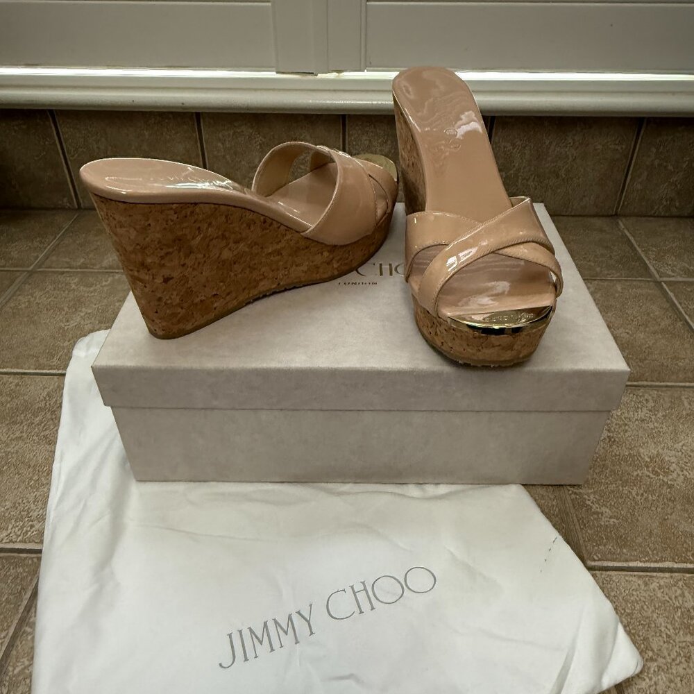 Authentic Jimmy Choo Pandora Beige Patent Leather Cork Wedge Sandals NIB  38